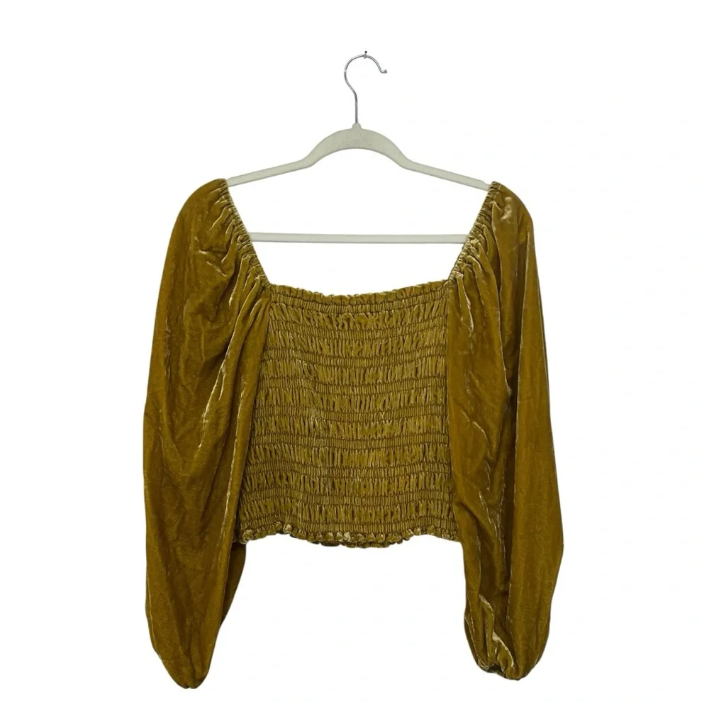 Anthropologie | Gold Yellow Puff Long Sleeved‎ Smocked Velvet Blouse size S